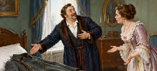 Иллюстрация к сказке «Солдатская шинель»: Барин хвастается жене покупкой