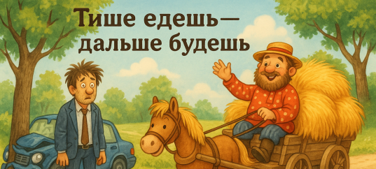 Иллюстрация к русской пословице: Тише едешь — дальше будешь