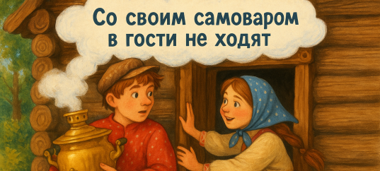 Иллюстрация к русской пословице: Со своим самоваром в гости не ходят