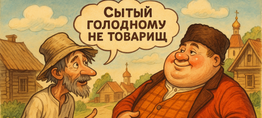 Иллюстрация к русской пословице: Сытый голодному не товарищ