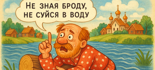 Иллюстрация к русской пословице: Не зная броду, не суйся в воду