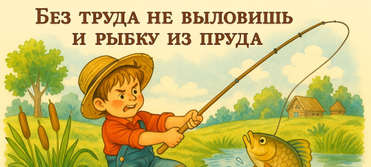 Иллюстрация к русской пословице: Без труда не выловишь и рыбку из пруда
