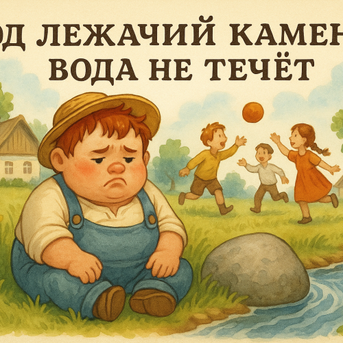 Иллюстрация к русской пословице: Под лежачий камень и вода не течёт
