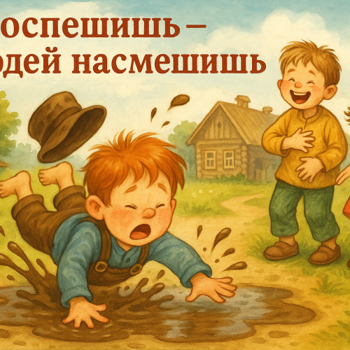 Иллюстрация к русской пословице: Поспешишь — людей насмешишь