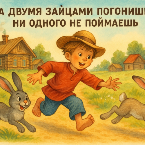 Иллюстрация к русской пословице: За двумя зайцами погонишься — ни одного не поймаешь