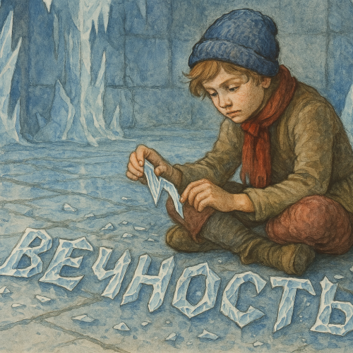 Иллюстрация к сказке Андерсена «Снежная королева»: Кай складывает слово «Вечность»