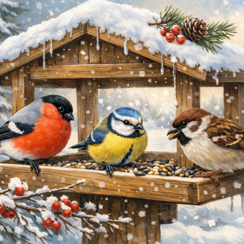 Иллюстрация «Птички на кормушке»