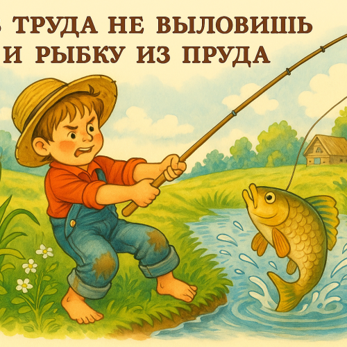 Иллюстрация к русской пословице: Без труда не выловишь и рыбку из пруда