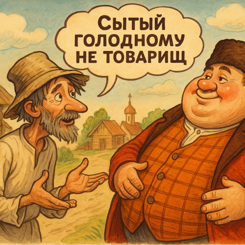 Иллюстрация к русской пословице: Сытый голодному не товарищ