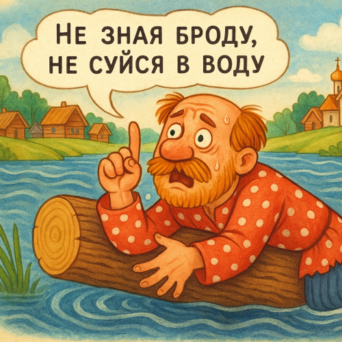 Иллюстрация к русской пословице: Не зная броду, не суйся в воду