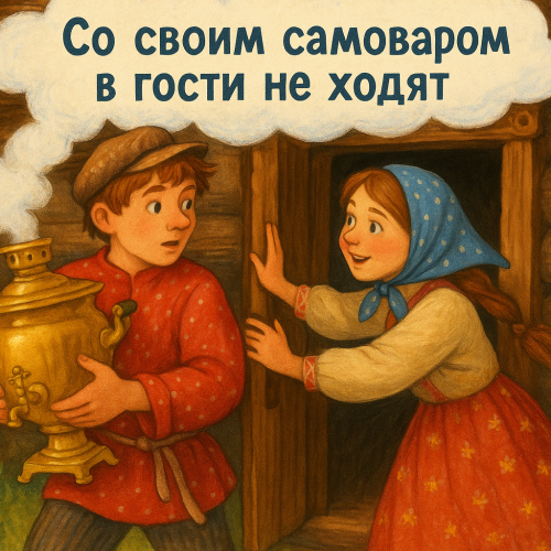 Иллюстрация к русской пословице: Со своим самоваром в гости не ходят