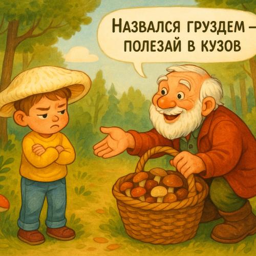 Иллюстрация к русской пословице: Назвался груздем — полезай в кузов