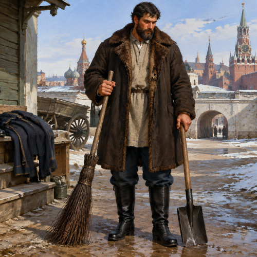 Иллюстрация к рассказу Тургенева «Муму»: Герасим становится дворником