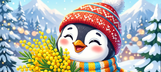 Открытка «С 8 марта: Пингвинёнок с букетом»