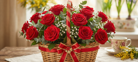 Открытка «С 8 марта: Корзина роз»