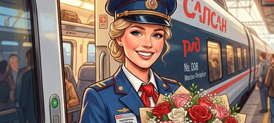 Открытка «С Днём железнодорожника»: Проводница с букетом роз
