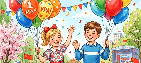 Открытка «С 1 мая: Дети с шариками»