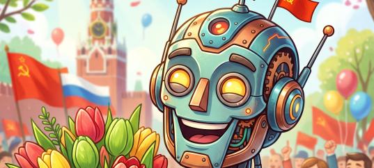 Открытка «С 1 мая: Робот с букетом цветов»