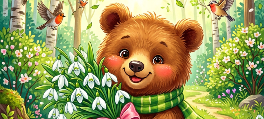 Открытка «С 8 марта: Медвежонок с подснежниками»