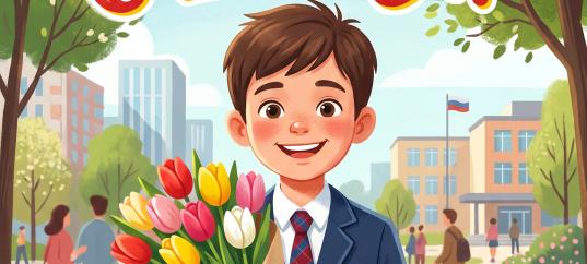 Открытка «С 1 мая: Мальчик с букетом тюльпанов»