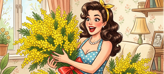 Открытка «С 8 марта: Красотка с мимозами»