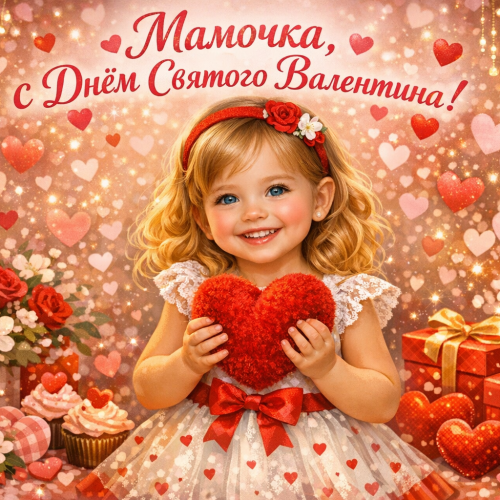 Открытка: С Днём Святого Валентина для мамы  —  девочка с сердечком