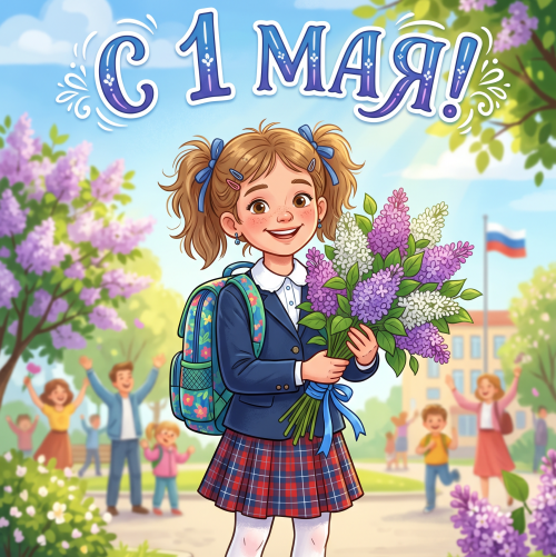 Открытка «С 1 мая: Девочка с букетом сирени»