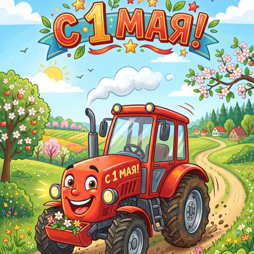 Открытка «С 1 мая: Красный трактор»