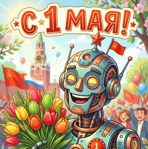 Открытка «С 1 мая: Робот с букетом цветов»