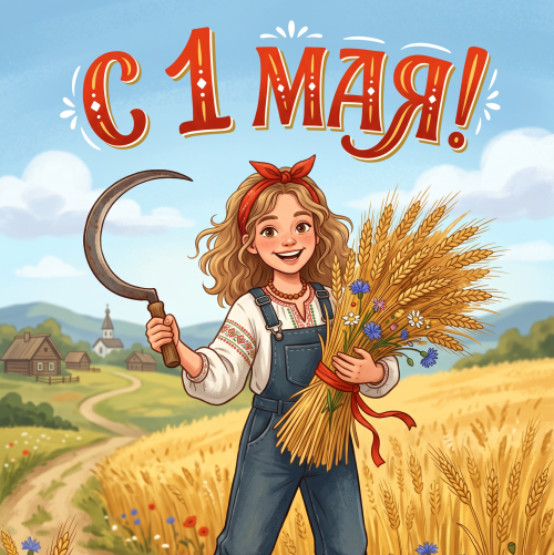 Открытка «С 1 мая: Девушка со снопом пшеницы»