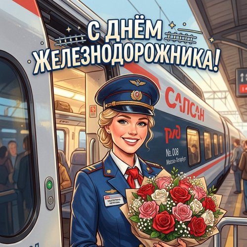 Открытка «С Днём железнодорожника»: Проводница с букетом роз