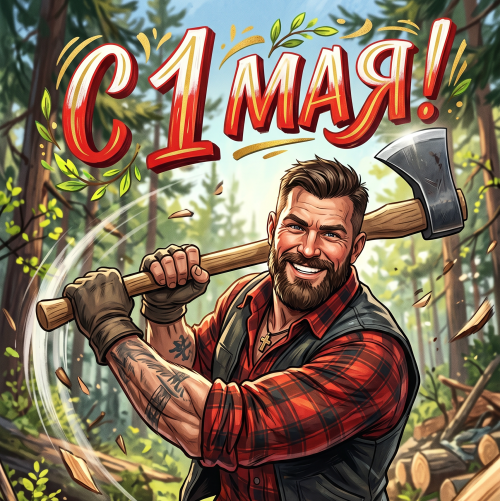 Открытка «С 1 мая: Жизнерадостный лесоруб»