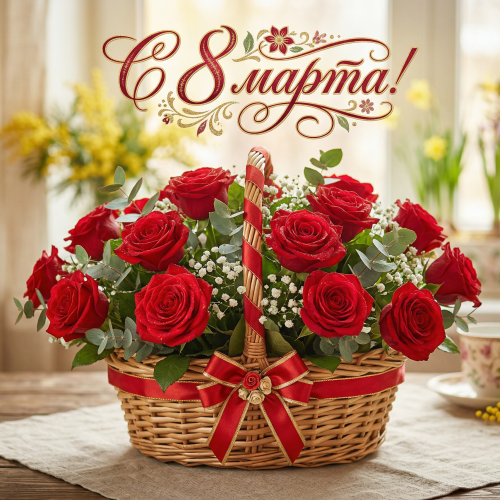 Открытка «С 8 марта: Корзина роз»