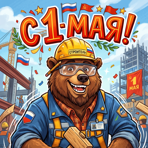 Открытка «С 1 мая: Медведь-строитель»
