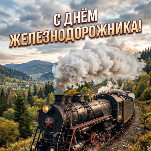 Открытка на День железнодорожника: Паровоз