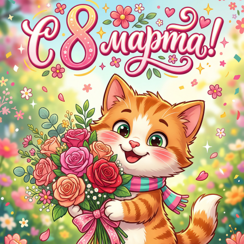 Открытка «С 8 марта: Весёлый котёнок»