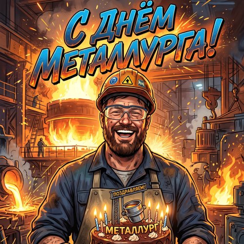 Открытка: С Днём металлурга! Металлург с тортом