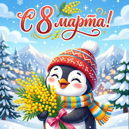 Открытка «С 8 марта: Пингвинёнок с букетом»