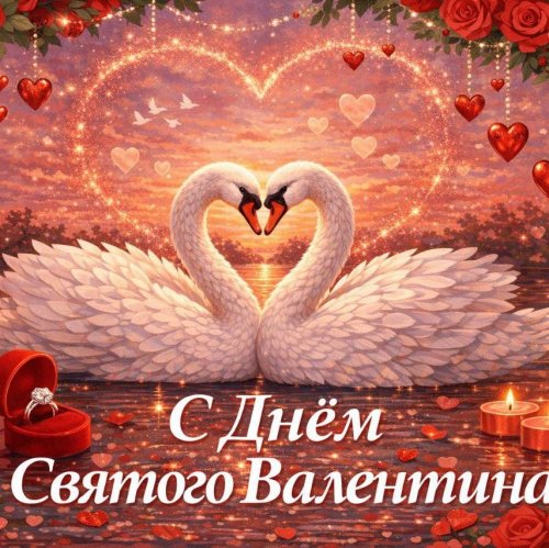 Открытка «С Днем Святого Валентина: Лебеди»