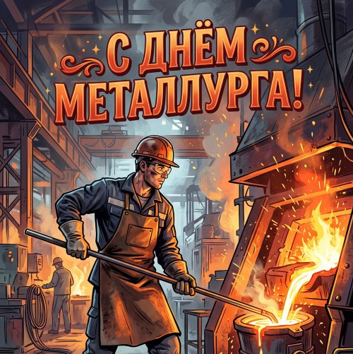 Открытка: С Днём металлурга! Металлург у печи