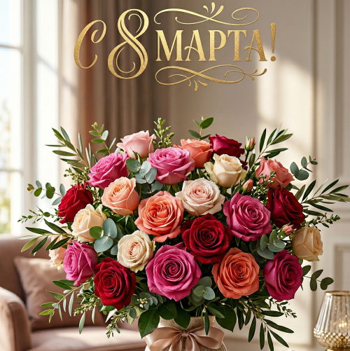 Открытка «С 8 марта: Букет роз»