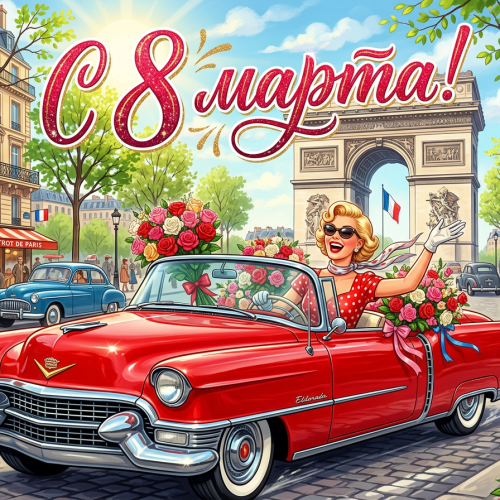 Открытка «С 8 марта: Красный автомобиль»