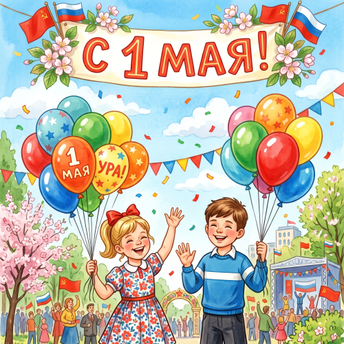 Открытка «С 1 мая: Дети с шариками»