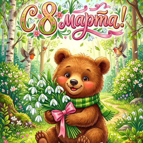 Открытка «С 8 марта: Медвежонок с подснежниками»