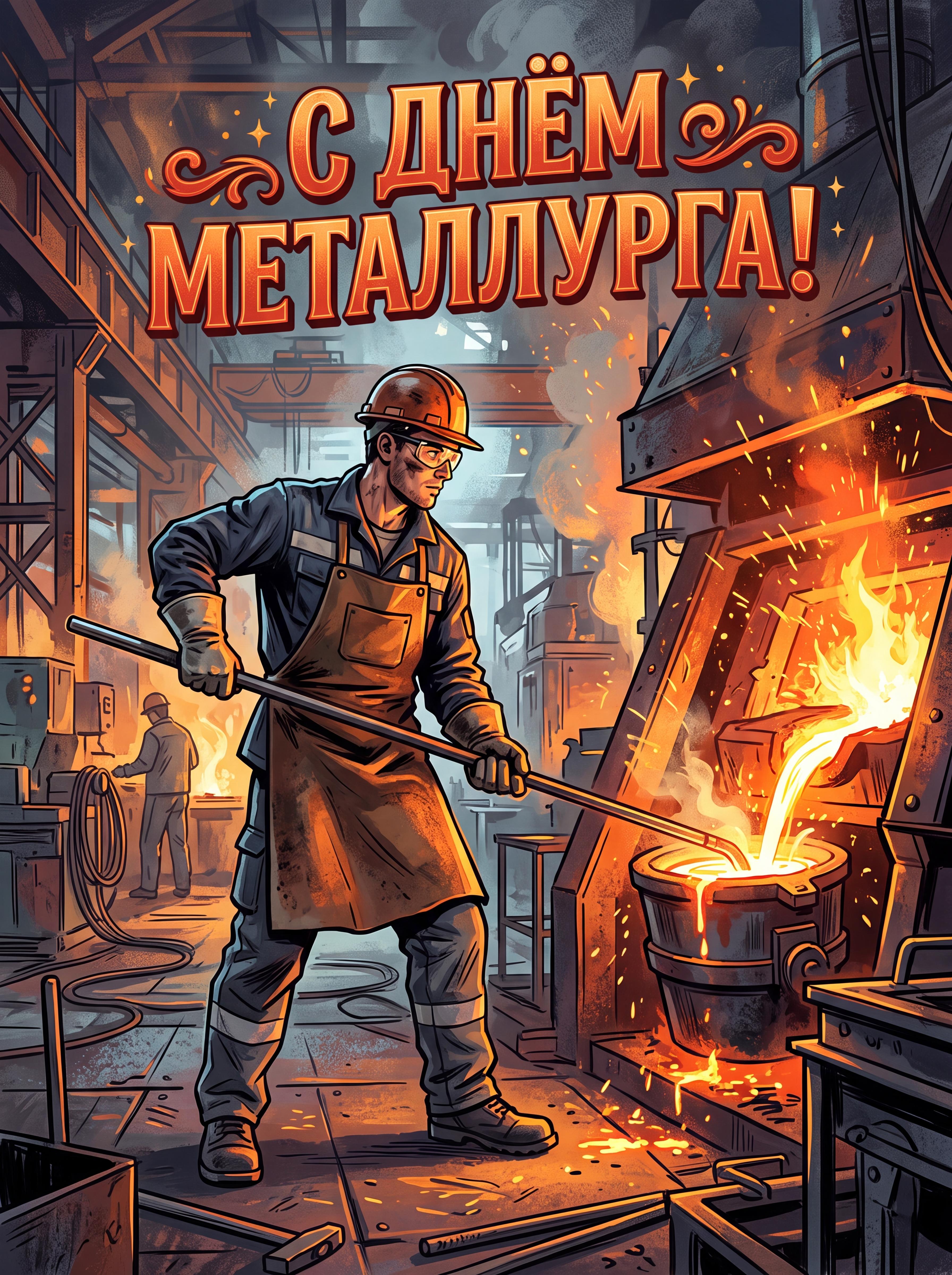 Плакат: С Днём металлурга! Металлург у печи