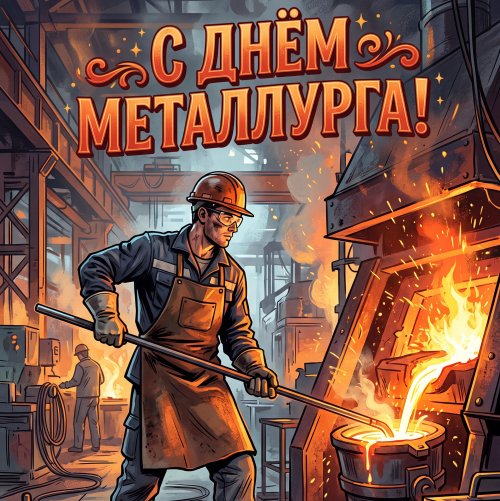 Плакат: С Днём металлурга! Металлург у печи