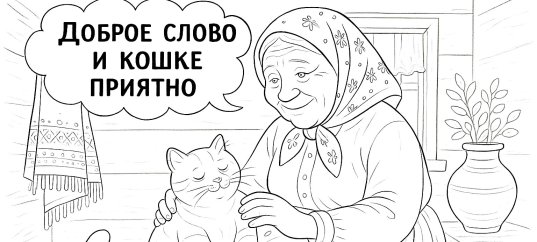 Раскраска по русской пословице: Доброе слово и кошке приятно