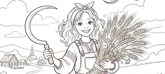 Раскраска «С 1 мая: Девушка со снопом пшеницы»