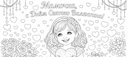 Раскраска: С Днём Святого Валентина для мамы  —  девочка с сердечком