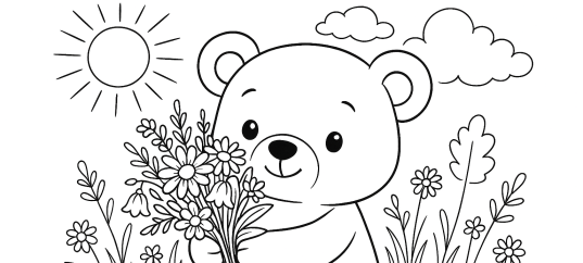 Раскраска: Мишка с цветами (для детей 3-5 лет)